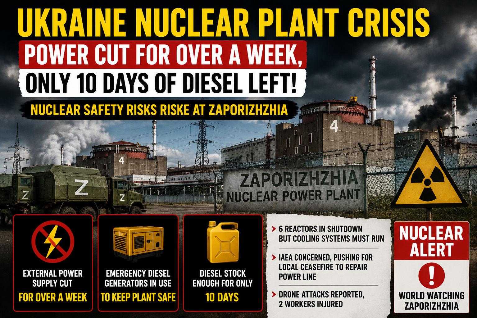 Ukraine Nuclear Plant Crisis: एक हफ्ते से बिजली गुल, सिर्फ 10 दिन का डीजल! Zaporizhzhia पर बढ़ा परमाणु सुरक्षा का खतरा