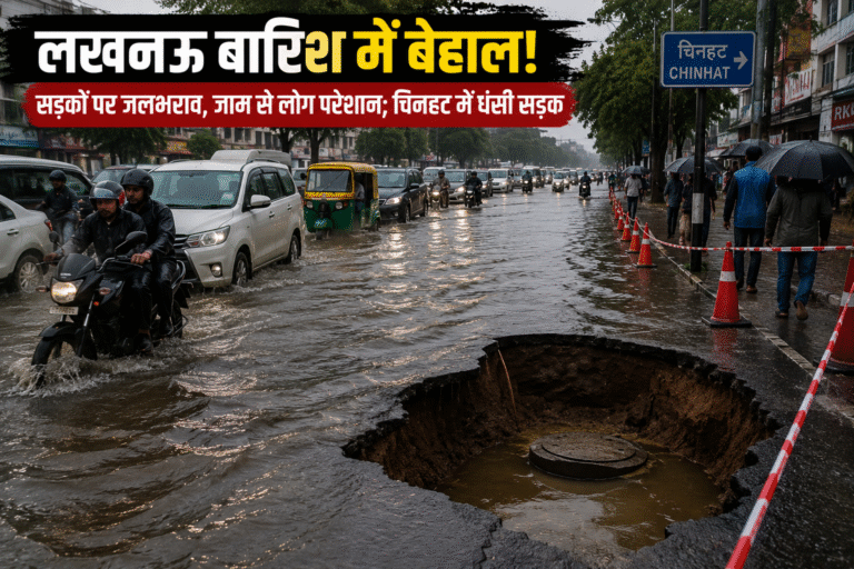लखनऊ बारिश में बेहाल! दो घंटे की झमाझम बारिश ने खोली जलनिकासी की पोल, सड़कें बनीं तालाब; चिनहट में धंसी सड़क